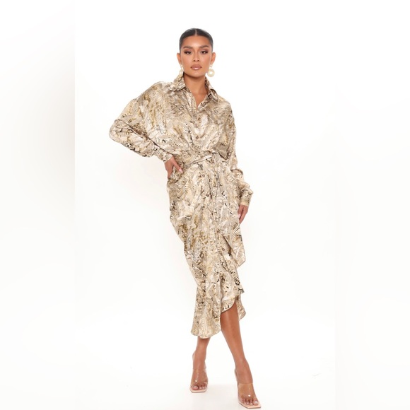 Satin Finish MIDI Shirt Dress ,Long Sleeve, Button Front, 100% Polyester - Picture 6 of 7